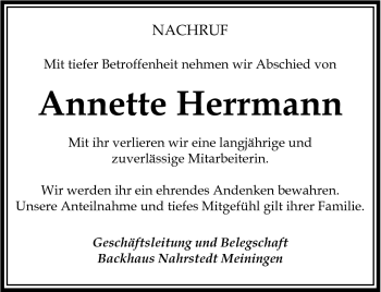 Traueranzeige von Annette Herrmann von Südthüringer Presse