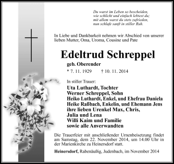 Traueranzeige von Edeltrud Schreppel von Südthüringer Presse