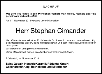Traueranzeige von Stephan Cimander von Neue Presse Coburg
