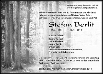 Traueranzeige von Stefan Berlit von Südthüringer Presse