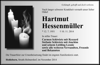 Traueranzeige von Hartmut Hessenmüller von Südthüringer Presse
