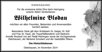Traueranzeige von Wilhelmine Blodau von Südthüringer Presse
