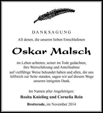Traueranzeige von Oskar Malsch von Südthüringer Presse