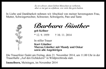 Traueranzeige von Barbara Günther von Südthüringer Presse