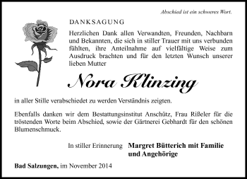 Traueranzeige von Nora Klinzing von Südthüringer Presse