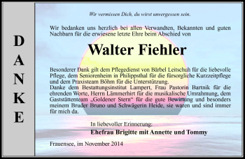 Traueranzeige von Walter Fiehler von Südthüringer Presse
