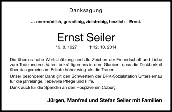 Traueranzeige von Ernst Seiler von Neue Presse Coburg