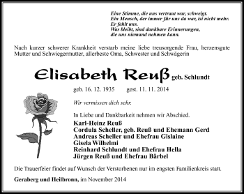 Traueranzeige von Elisabeth Reuß von Südthüringer Presse