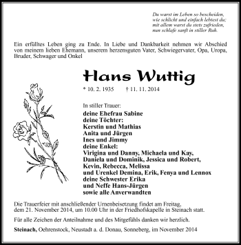 Traueranzeige von Hans Wuttig von Südthüringer Presse