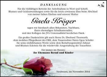 Traueranzeige von Gisela Kröger von Südthüringer Presse
