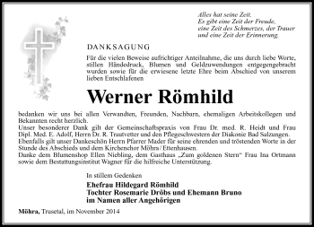 Traueranzeige von Werner Römhild von Südthüringer Presse