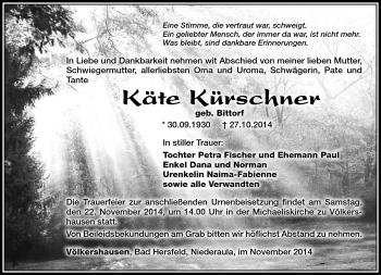 Traueranzeige von Käte Kürschner von Südthüringer Presse