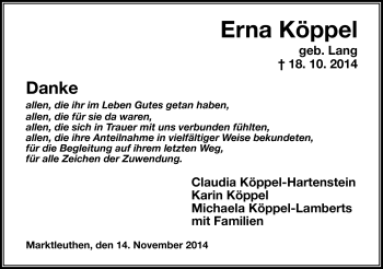 Traueranzeige von Erna Köppel von Frankenpost