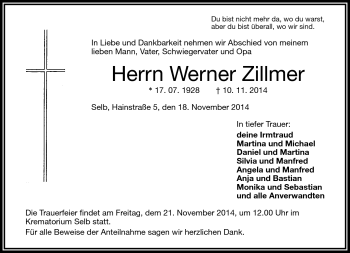 Traueranzeige von Werner Zillmer von Frankenpost