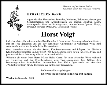 Traueranzeige von Horst Voigt von Südthüringer Presse