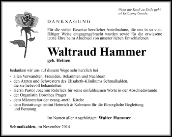 Traueranzeige von Waltraud Hammer von Südthüringer Presse