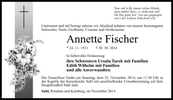 Traueranzeige von Annette Fischer von Südthüringer Presse