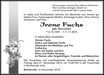 Traueranzeige von Irene Fuchs von Südthüringer Presse