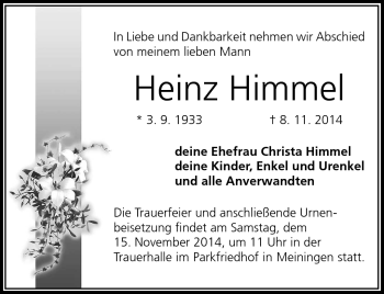Traueranzeige von Heinz Himmel von Südthüringer Presse