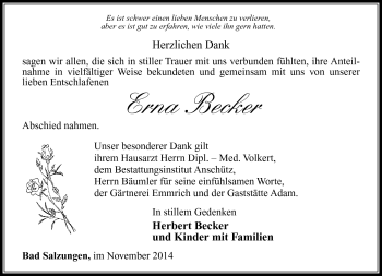 Traueranzeige von Erna Becker von Südthüringer Presse