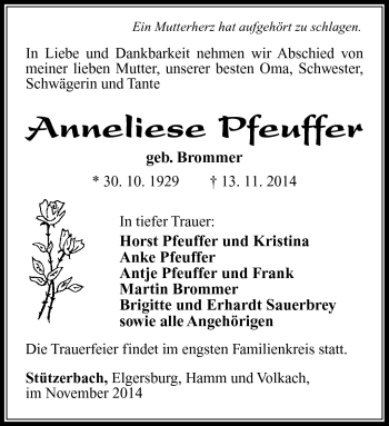 Traueranzeige von Anneliese Pfeuffer von Südthüringer Presse