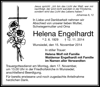 Traueranzeige von Helena Engelhardt von Frankenpost