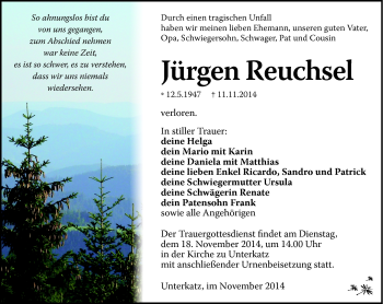 Traueranzeige von Jürgen Reuchsel von Südthüringer Presse