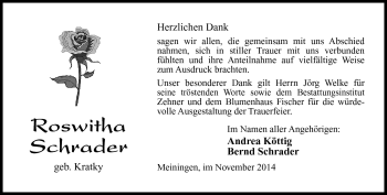 Traueranzeige von Roswitha Schrader von Südthüringer Presse