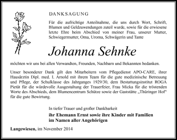 Traueranzeige von Johanna Sehnke von Südthüringer Presse
