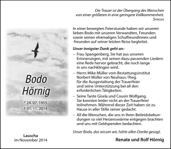 Traueranzeige von Bodo Hörnig von Südthüringer Presse