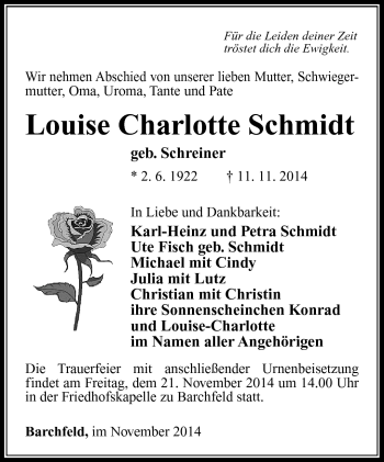 Traueranzeige von Luise Charlotte Schmidt von Südthüringer Presse