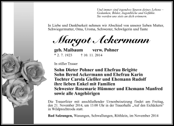 Traueranzeige von Margot Ackermann von Südthüringer Presse