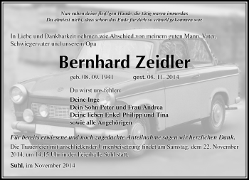 Traueranzeige von Bernhard Zeidler von Südthüringer Presse