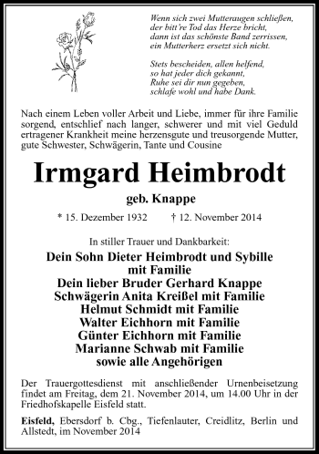 Traueranzeige von Irmhgard Heimbrodt von Südthüringer Presse