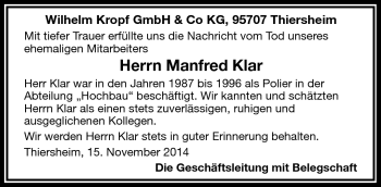 Traueranzeige von Manfred Klas von Frankenpost