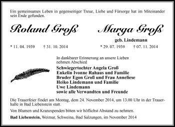 Traueranzeige von Roland und Marga Groß von Südthüringer Presse