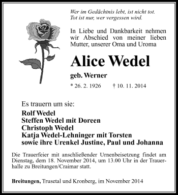 Traueranzeige von Alice Wedel von Südthüringer Presse