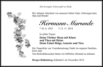 Traueranzeige von Hermann Marunde von Südthüringer Presse