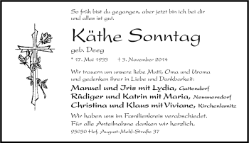 Traueranzeige von Käthe Sonntag von Frankenpost
