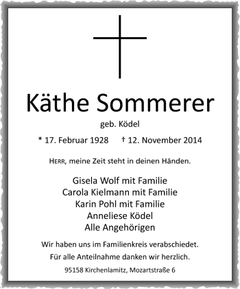 Traueranzeige von Käthe Sommerer von Frankenpost