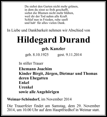 Traueranzeige von Hildegard Durand von Südthüringer Presse