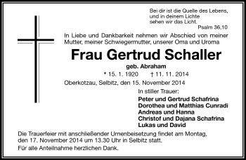 Traueranzeige von Gertrud Schaller von Frankenpost