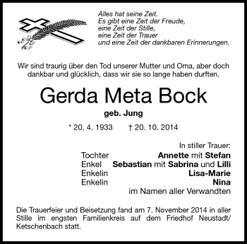 Traueranzeige von Gerda Bock von Neue Presse Coburg