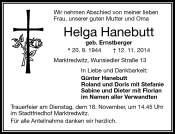 Traueranzeige von Helga Hanebutt von Frankenpost