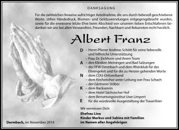 Traueranzeige von Albert Franz von Südthüringer Presse