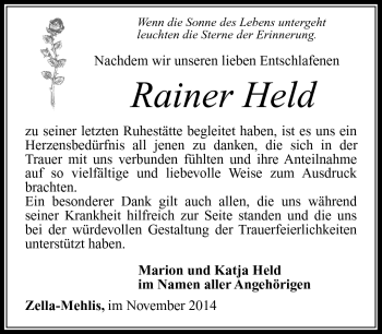 Traueranzeige von Rainer Held von Südthüringer Presse