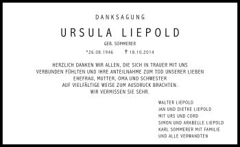 Traueranzeige von Ursula Liepold von Neue Presse Coburg