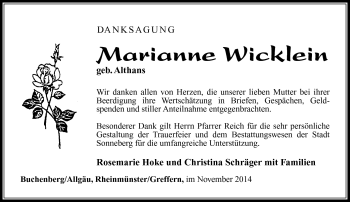 Traueranzeige von Marianne Wicklein von Südthüringer Presse