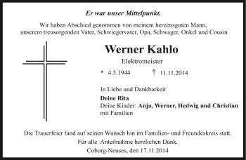 Traueranzeige von Werner Kahlo von Neue Presse Coburg