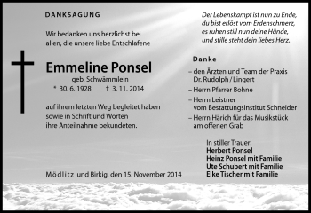Traueranzeige von Emmeline Ponsel von Neue Presse Coburg
